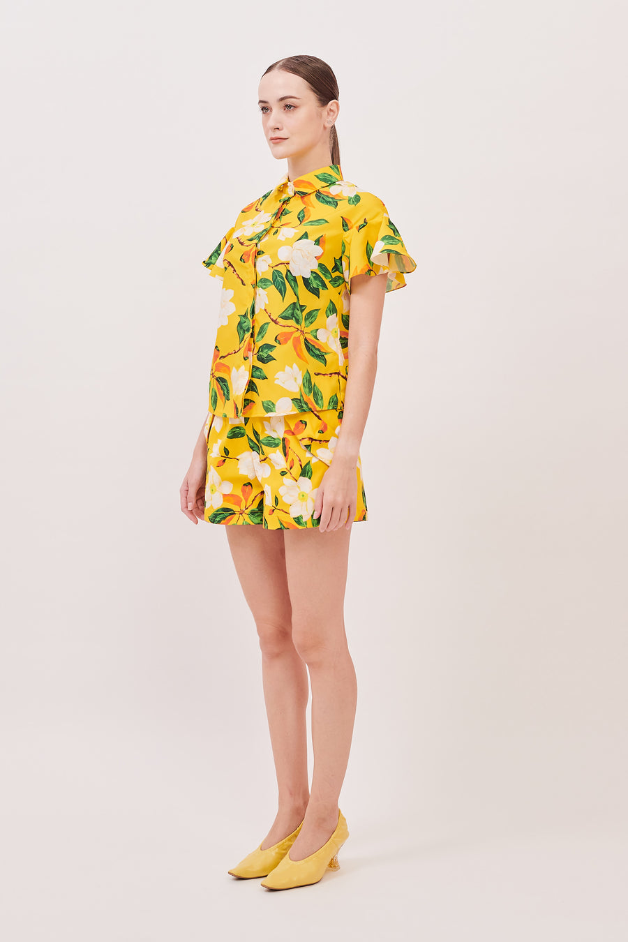Frill Sleeve Button Down Top  | Yellow Floral