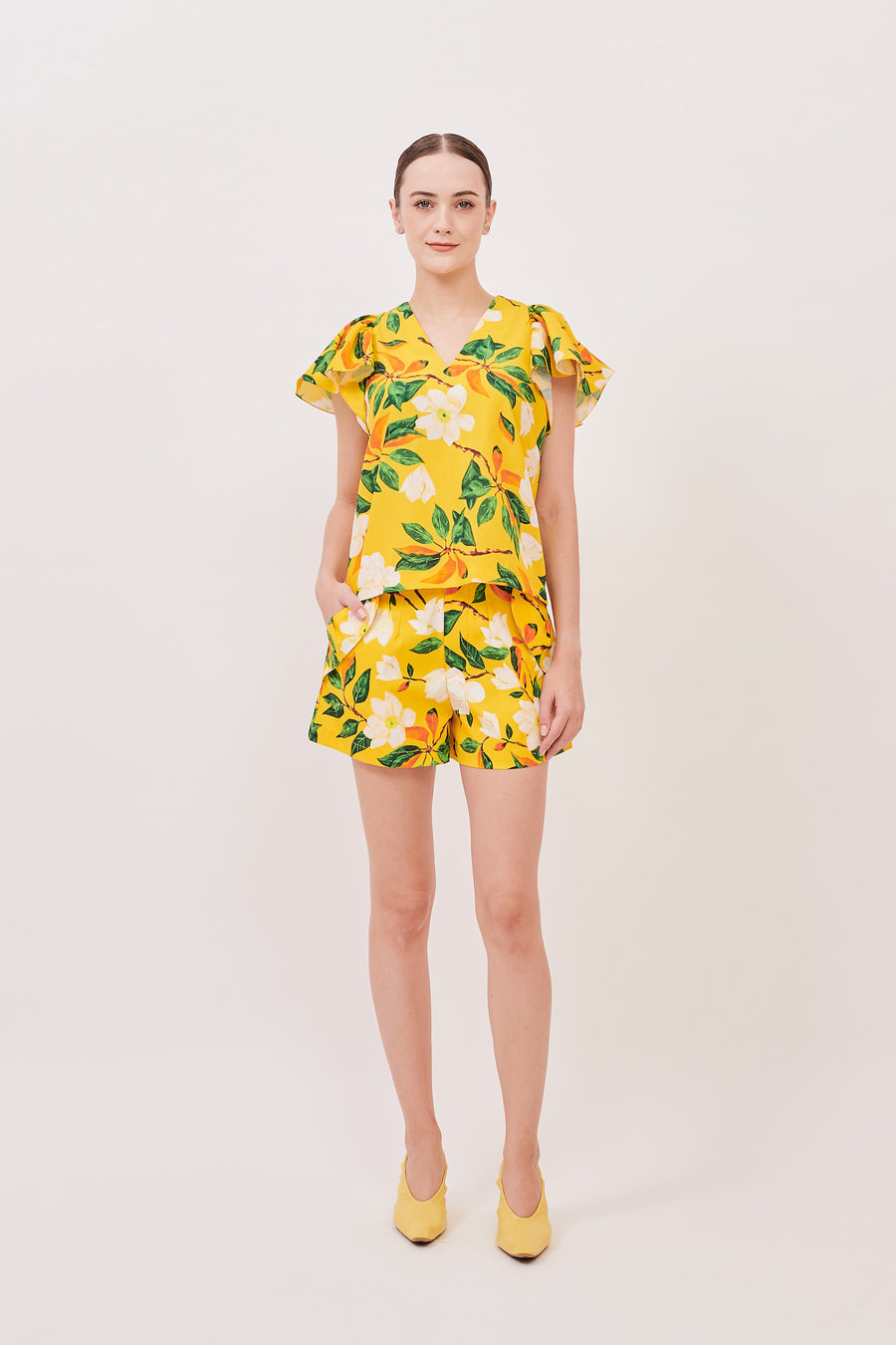 Butterfly Sleeve V Neck Top  |  Yellow Floral
