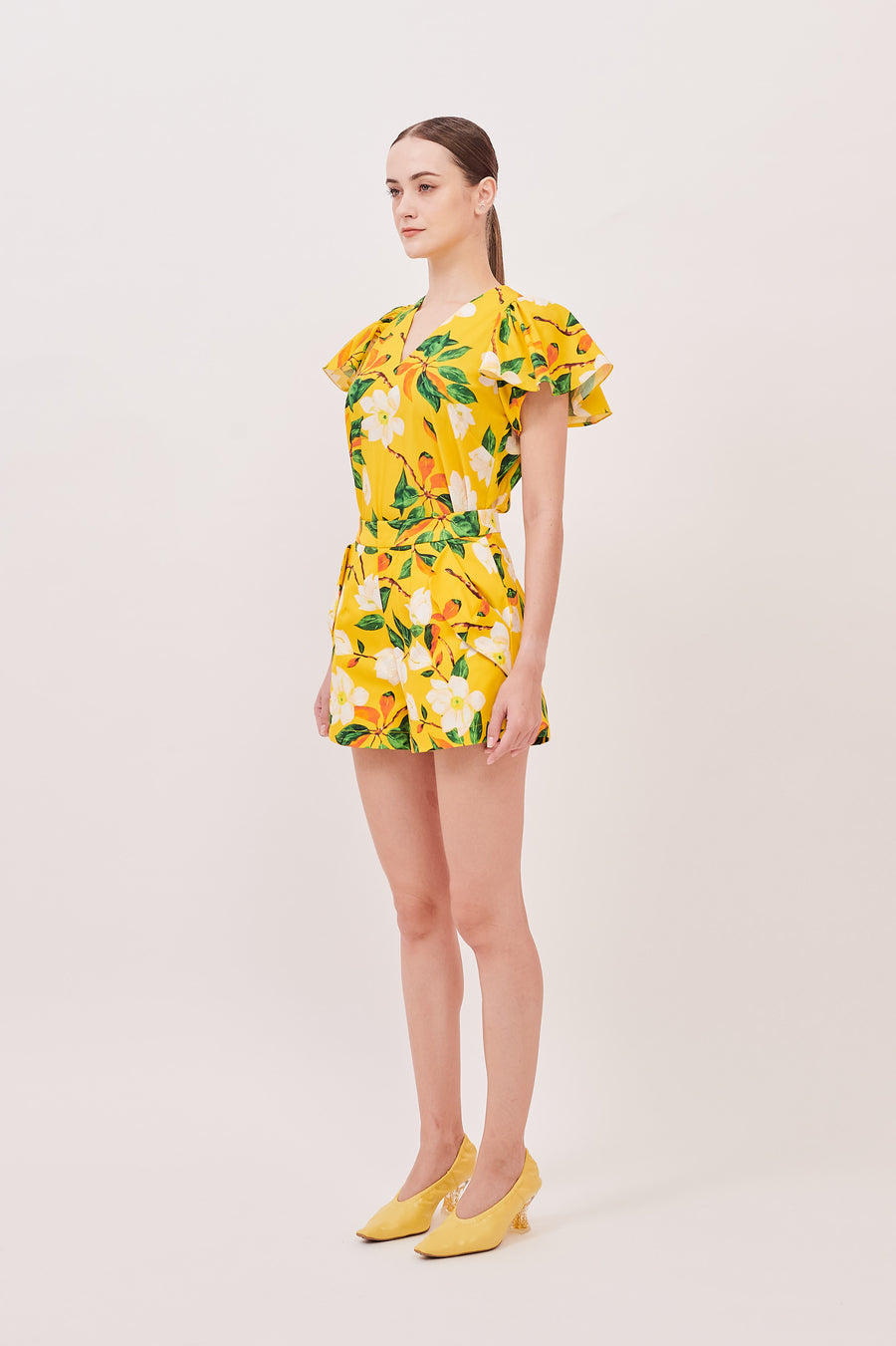 Pleated Pocket Detail Flare Shorts | Yellow Floral