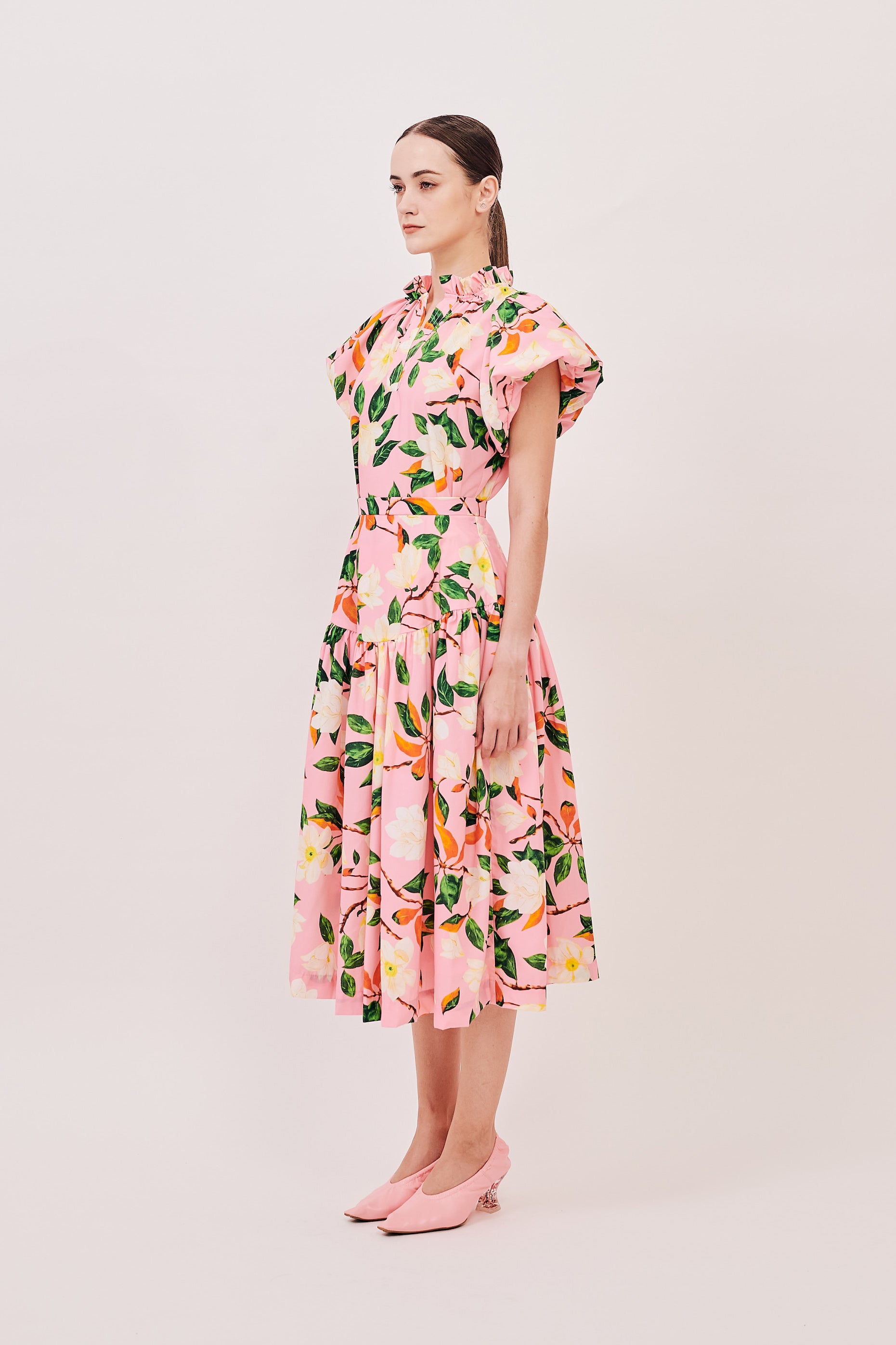 Gathered Hip Flare Midi | Pink Floral – Maarimaia