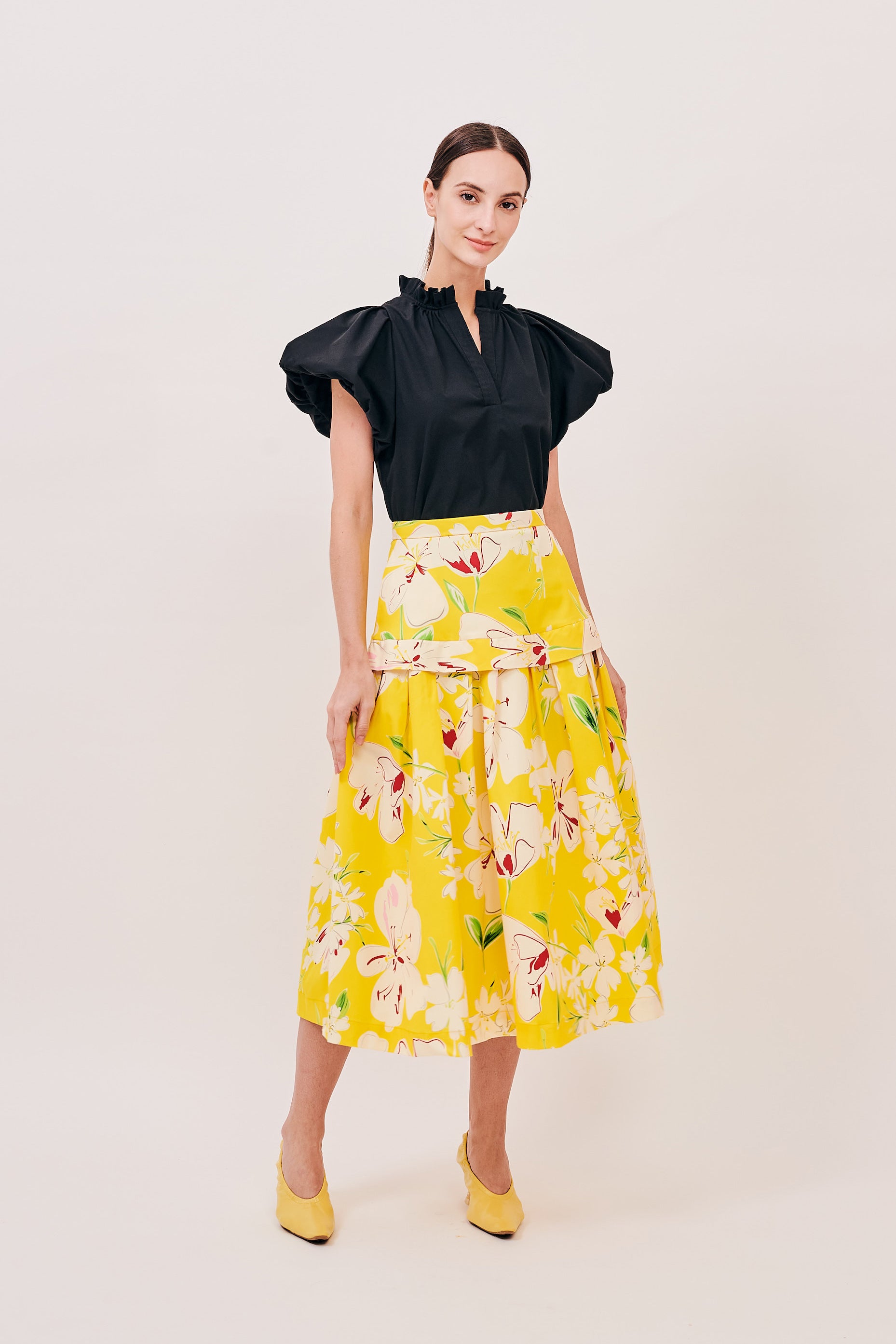 Pleated Hip Flare Midi | Yellow Floral – Maarimaia