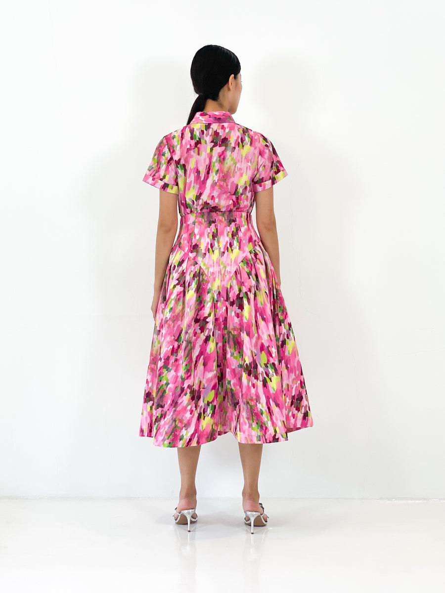 High Waist Side Pleated Midi Skirt | Pink Abstract