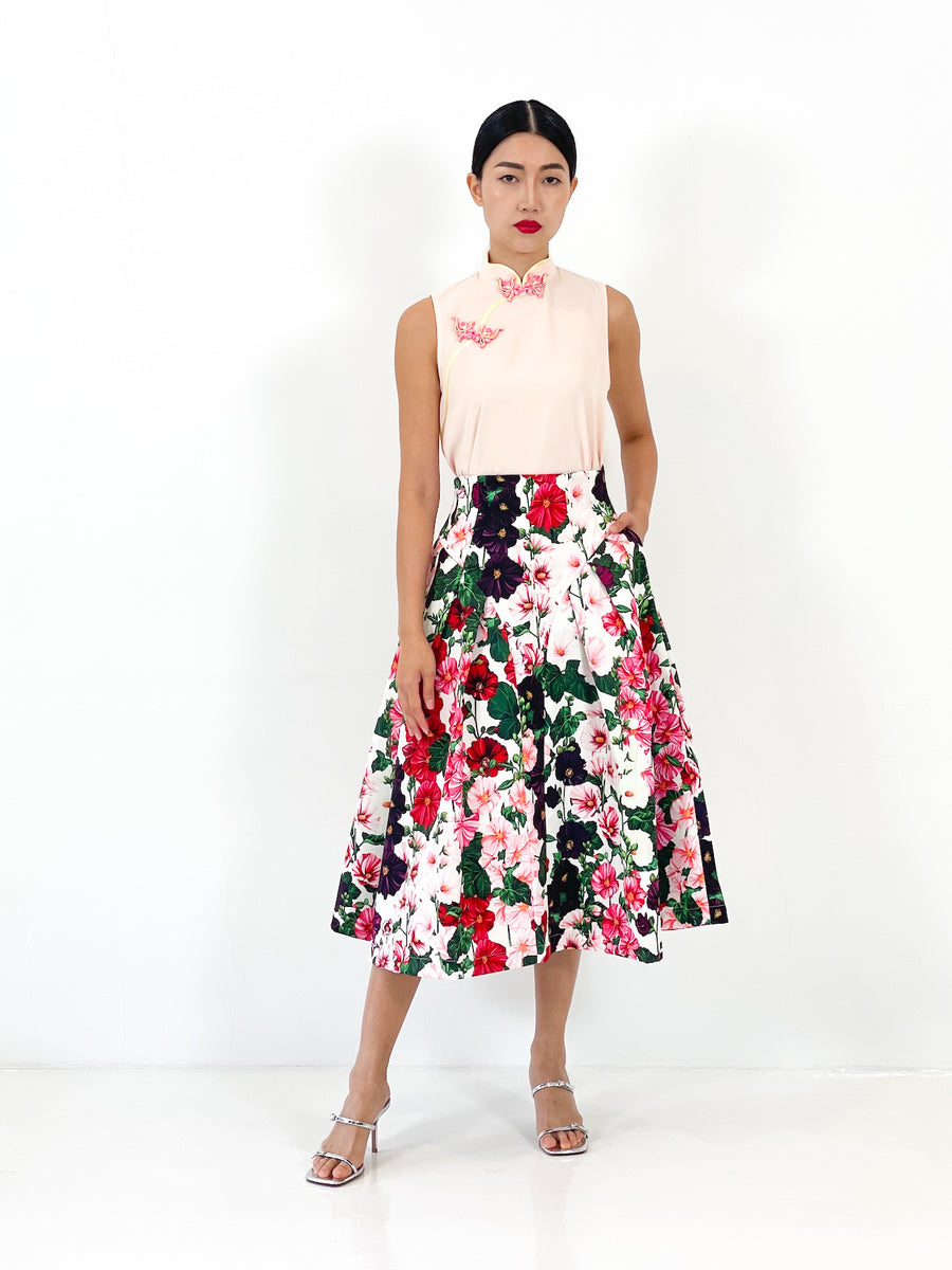 High Waist Side Pleated Midi Skirt | Red Floral