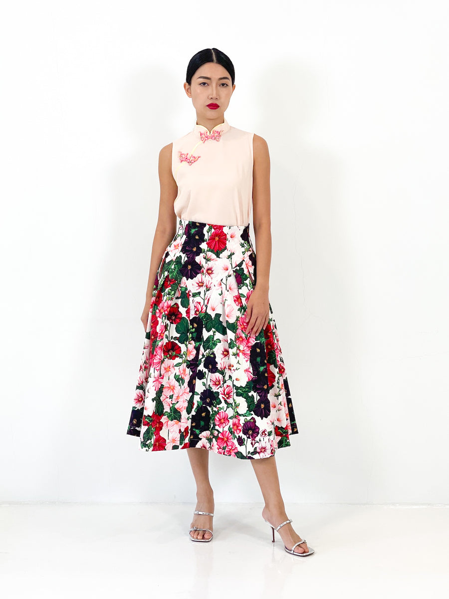 High Waist Side Pleated Midi Skirt | Red Floral