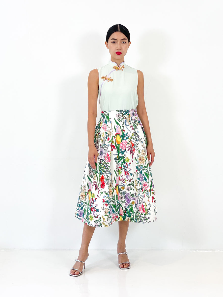 High Waist Side Pleated Midi Skirt | White Floral
