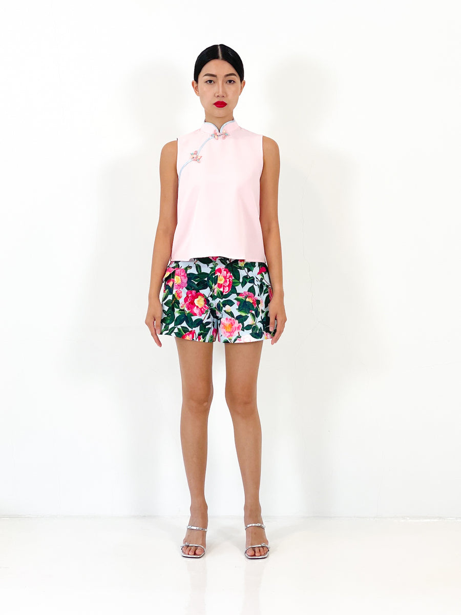 Contrast Sleeveless Button Qipao Top | Pink