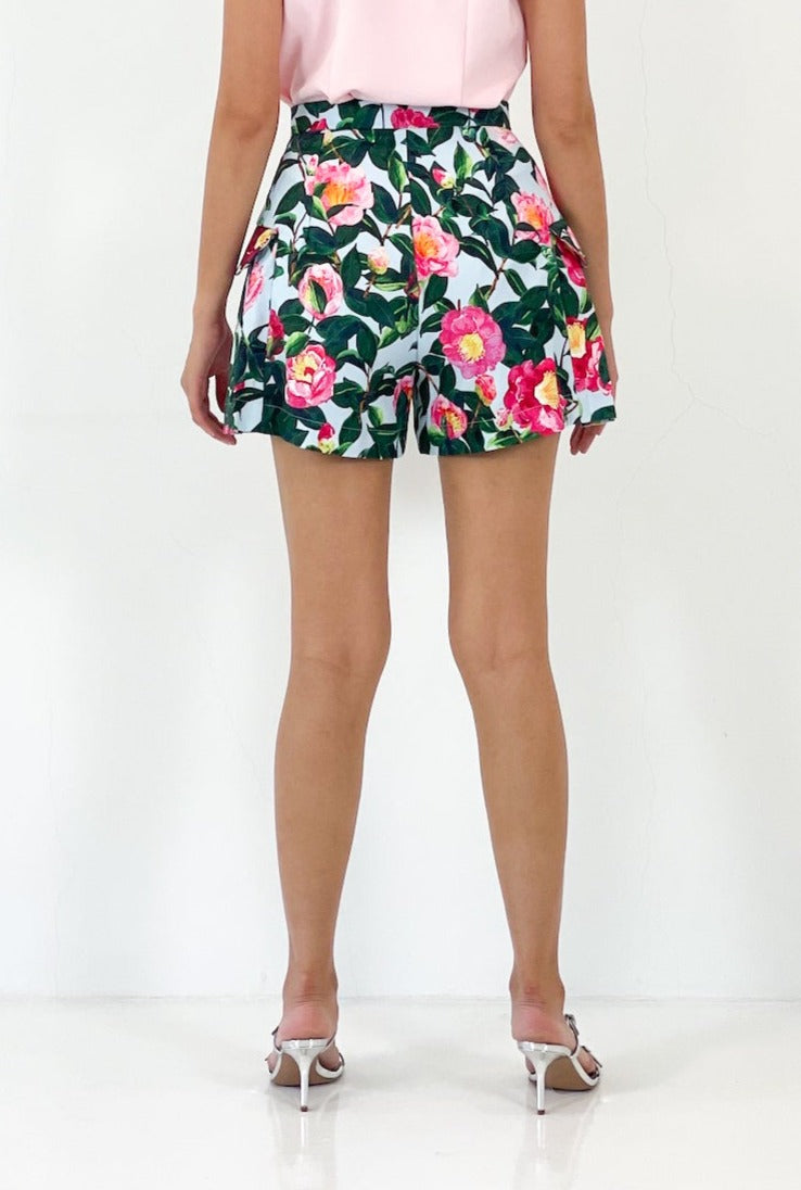 Side Pleated Shorts | Blue Floral