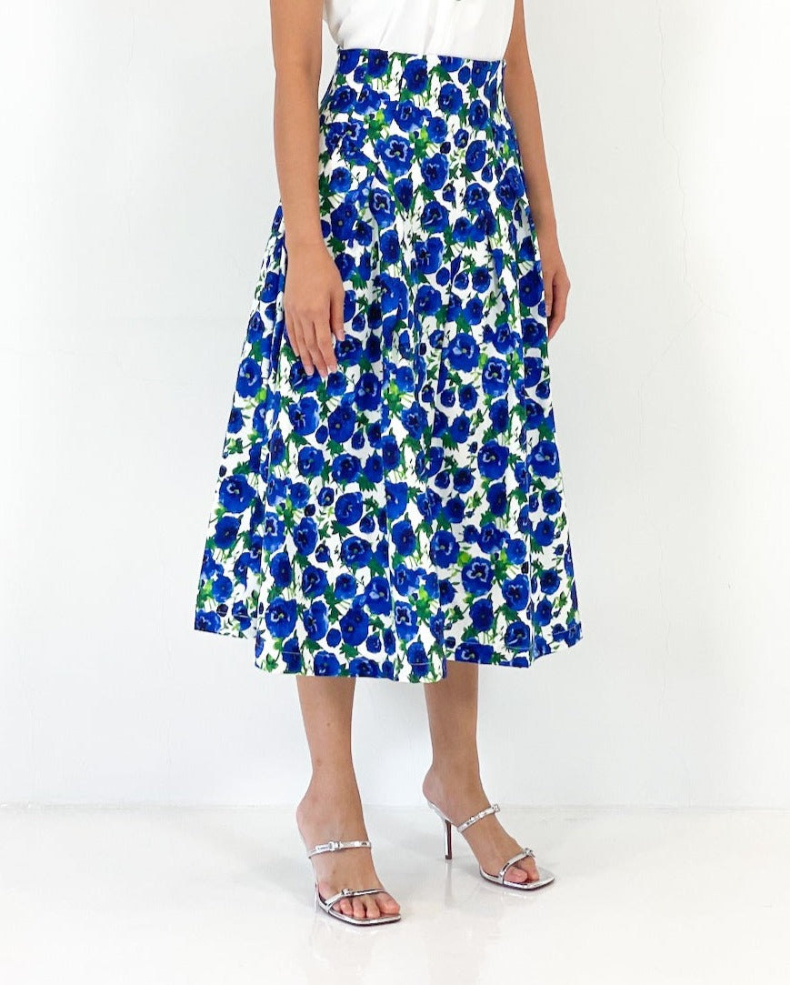 High Waist Side Pleated Midi Skirt | Blue Floral