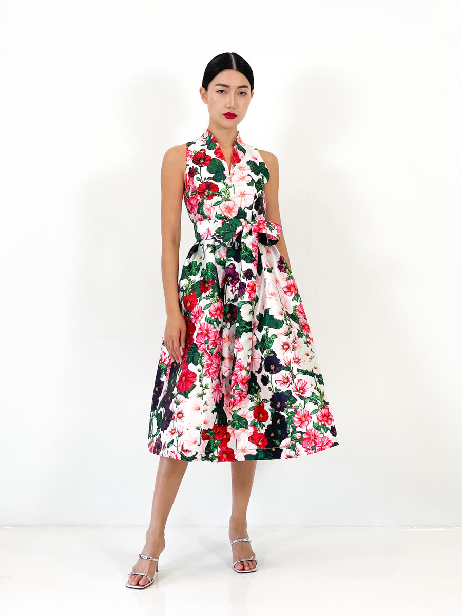 High Collar Flare Midi Dress  | Red Floral