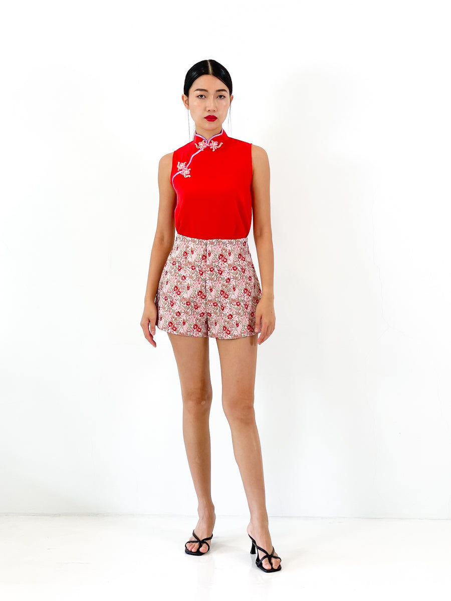 Brocade High Waisted Flare Shorts | Red Floral