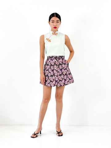 Brocade Button Mini Skirt | Purple Floral