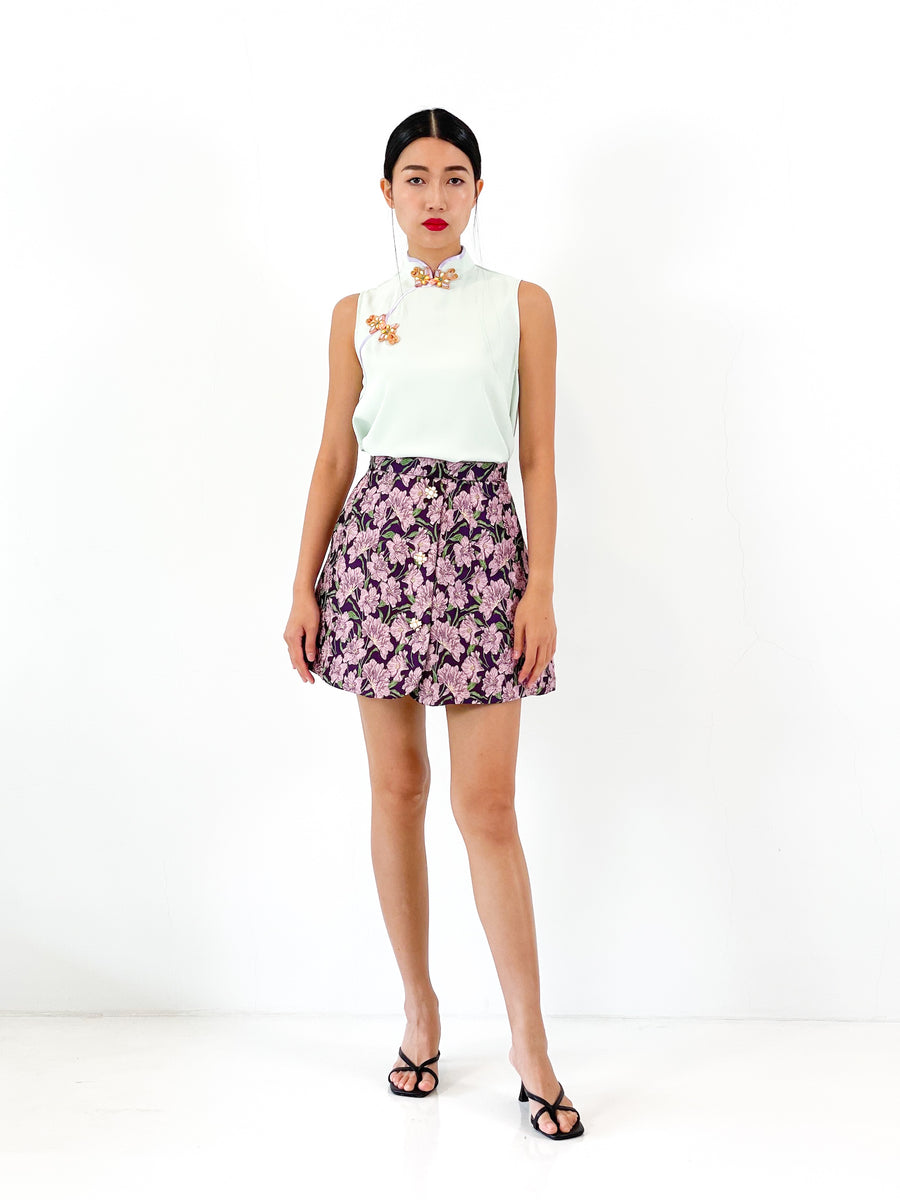 Brocade Button Mini Skirt | Purple Floral