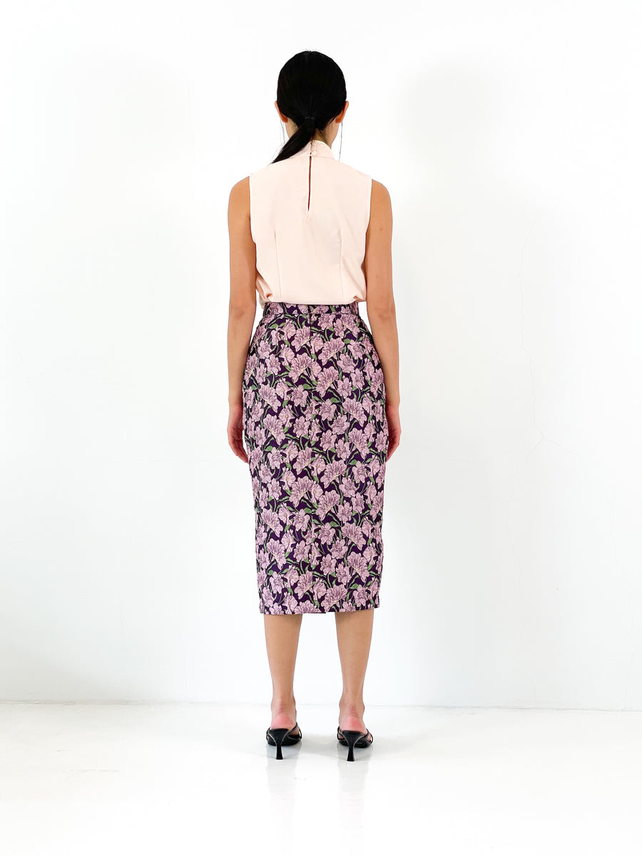 Brocade Button Midi Skirt | Purple Floral