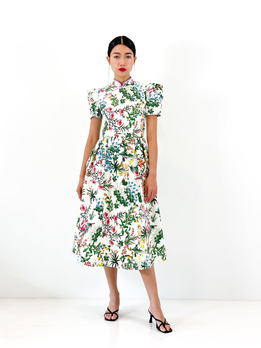 Puff Sleeve Qipao Midi Dress  | White Floral