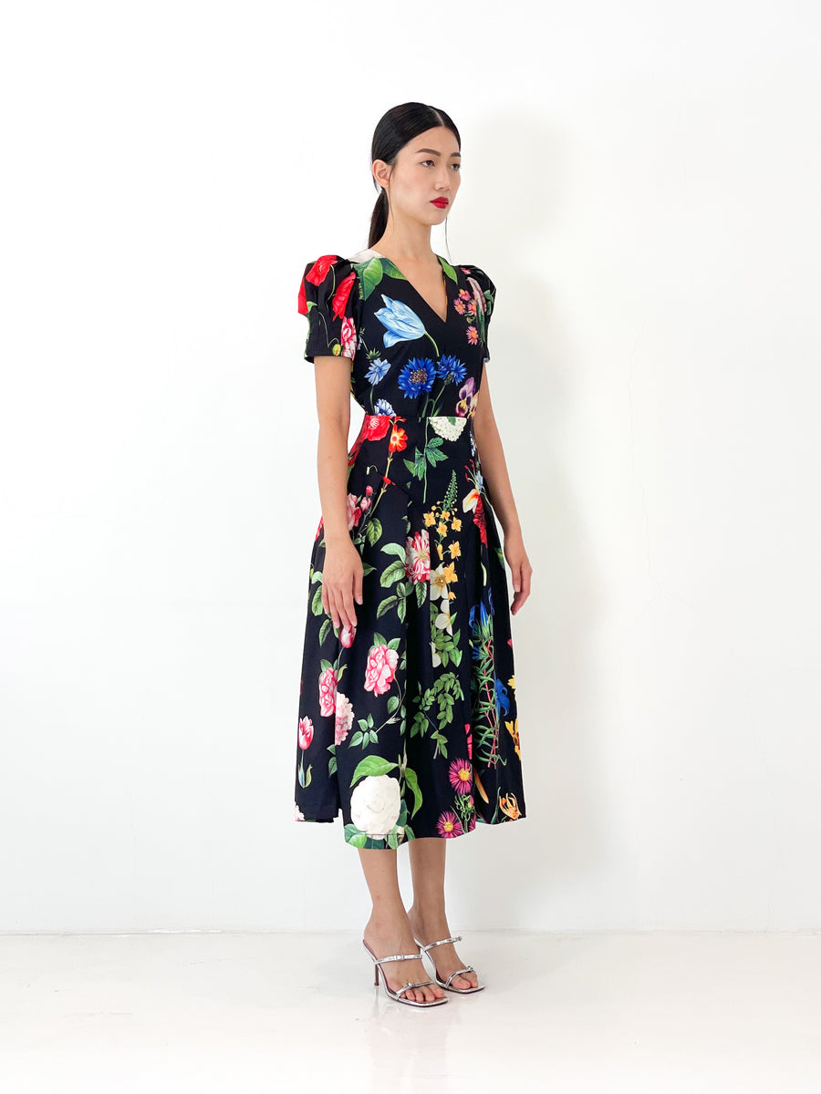 High Waist Side Pleated Midi Skirt | Black Floral