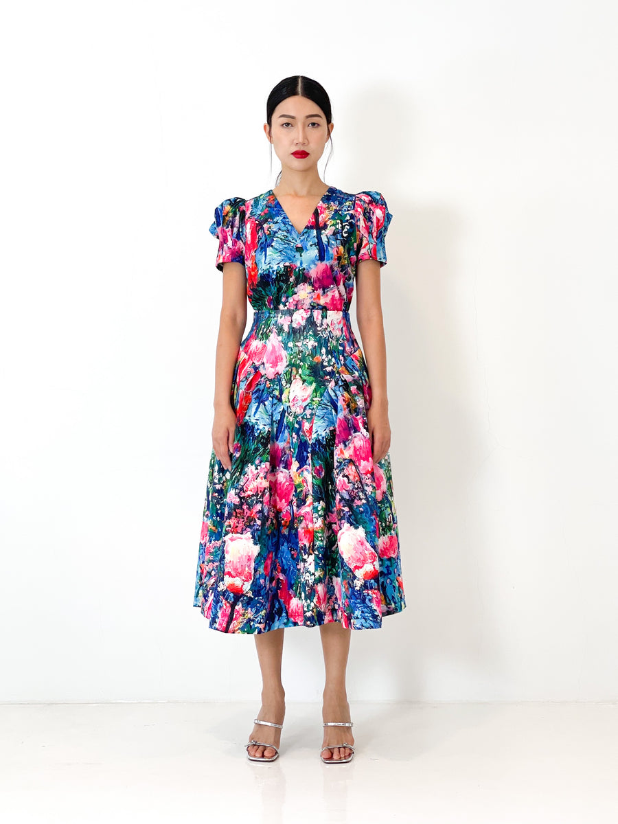 High Waist Side Pleated Midi Skirt | Multi Floral Abstract