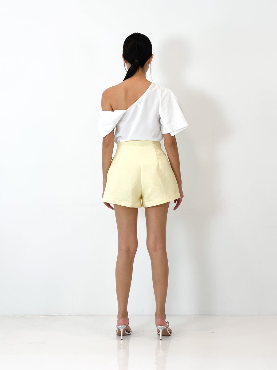 Brocade High Waisted Flare Shorts | Yellow Shimmer