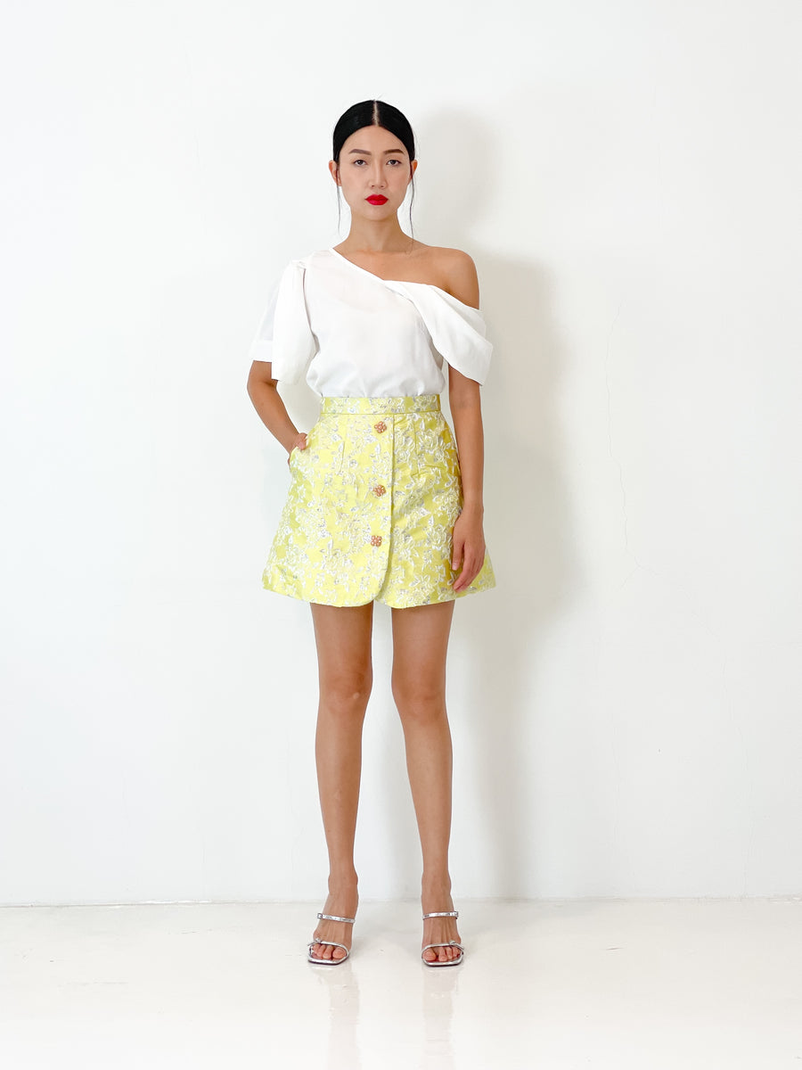 Brocade Button Mini Skirt | Yellow Silver