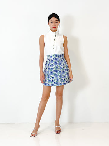 Brocade High Waisted Mini Skirt | Blue Floral