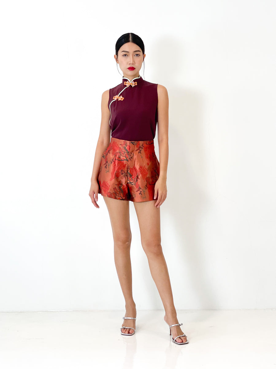 Brocade High Waisted Flare Shorts | Rust Red Chinoiserie