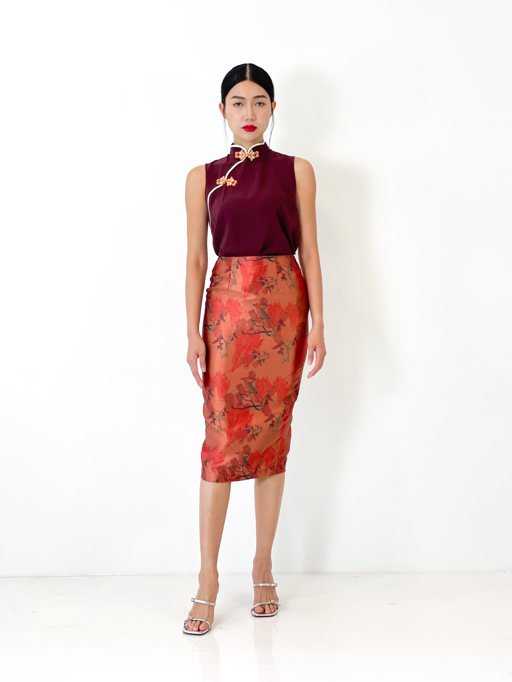 Pencil skirt red floral top hotsell