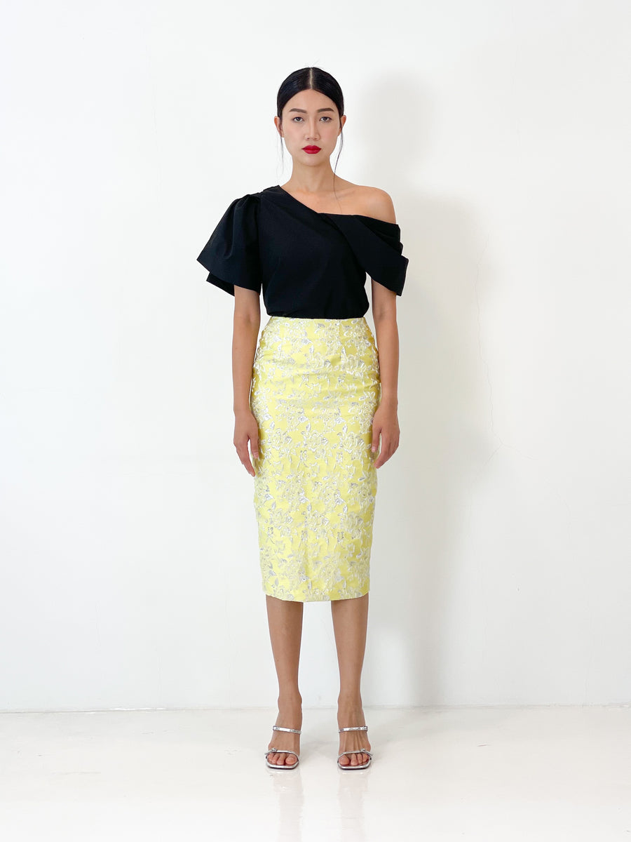 Brocade Pencil Skirt | Yellow Silver