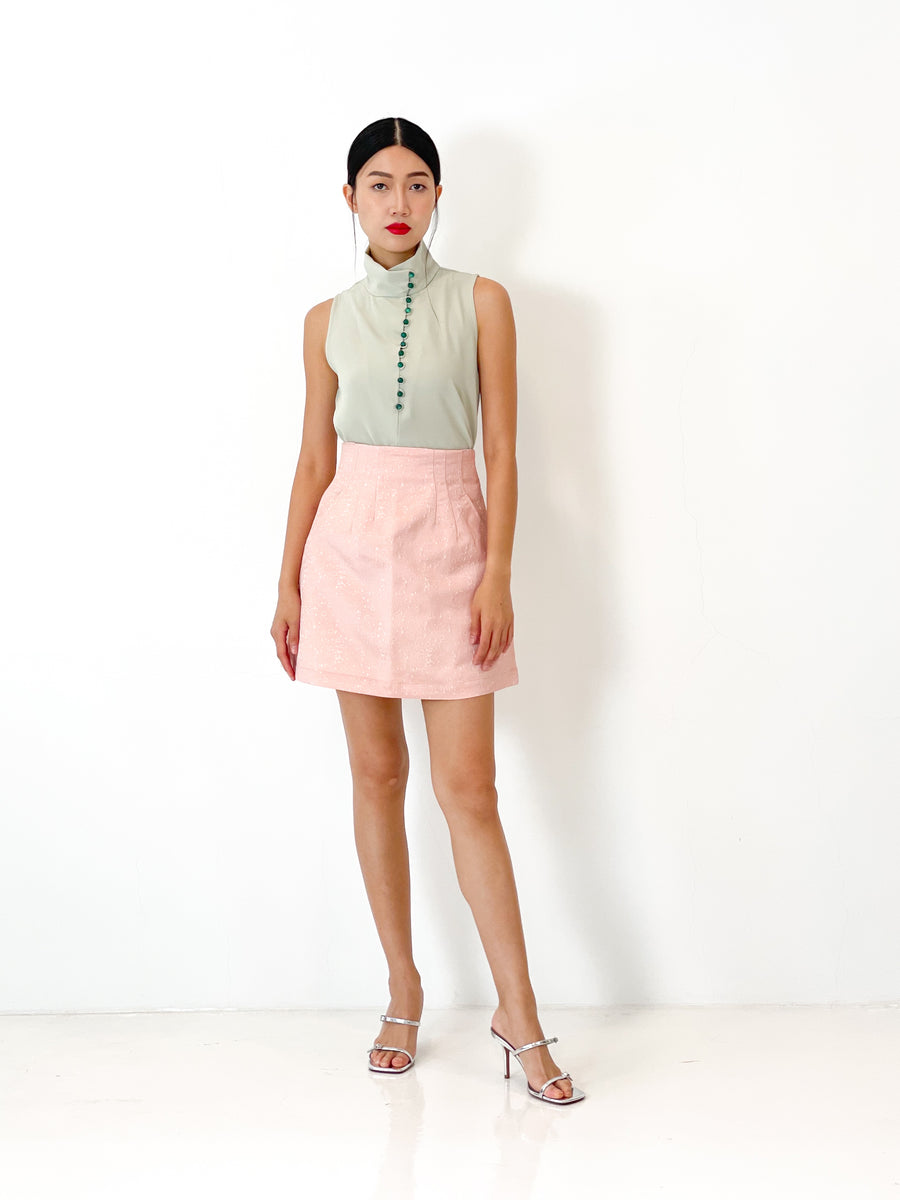 Brocade High Waisted Mini Skirt | Pink Shimmer