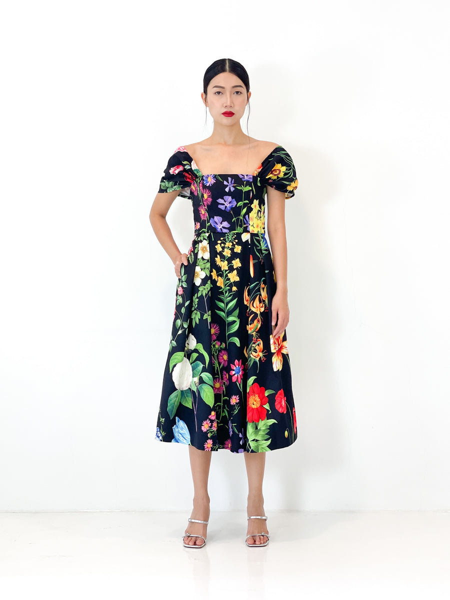 Off Shoulder Flare Midi Dress | Black Floral