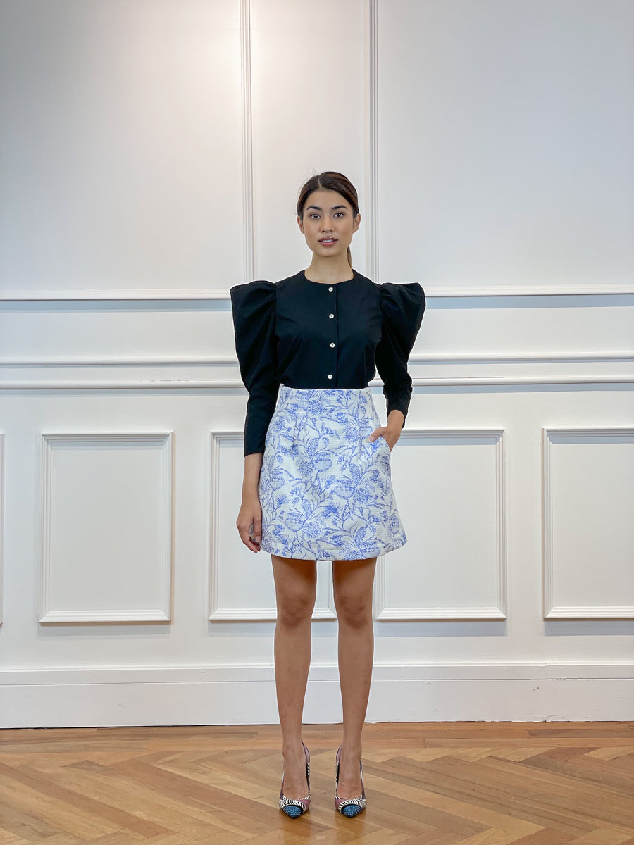 Brocade High Waisted Mini Skirt | White Blue