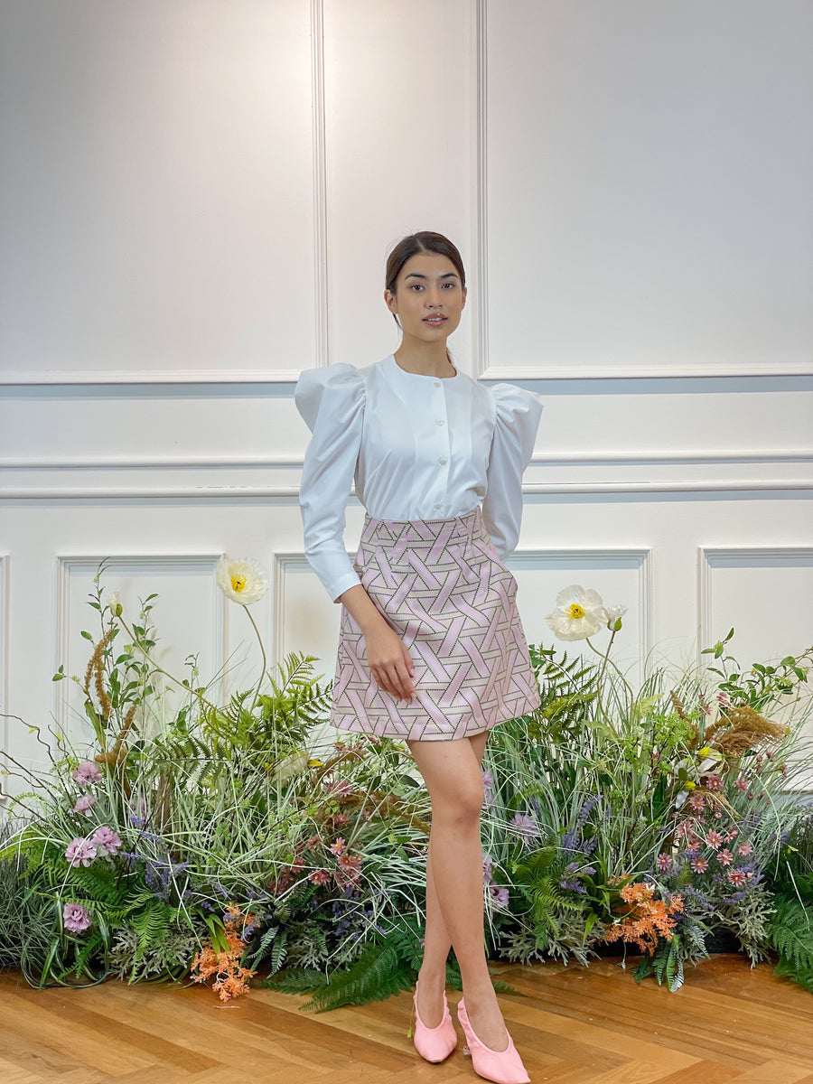 Brocade High Waisted Mini Skirt | Geometric Lavender