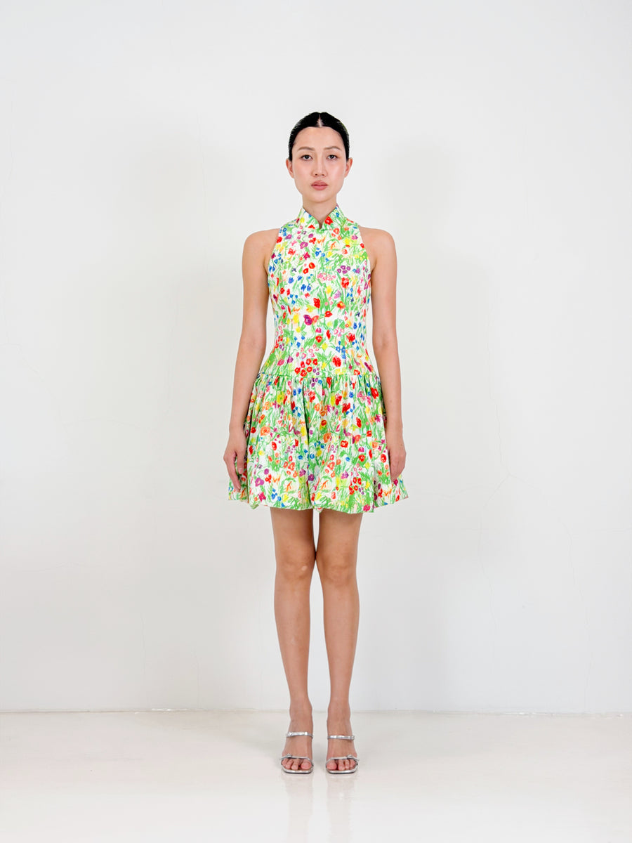 Bubble Qipao Mini Dress  | Yellow Floral
