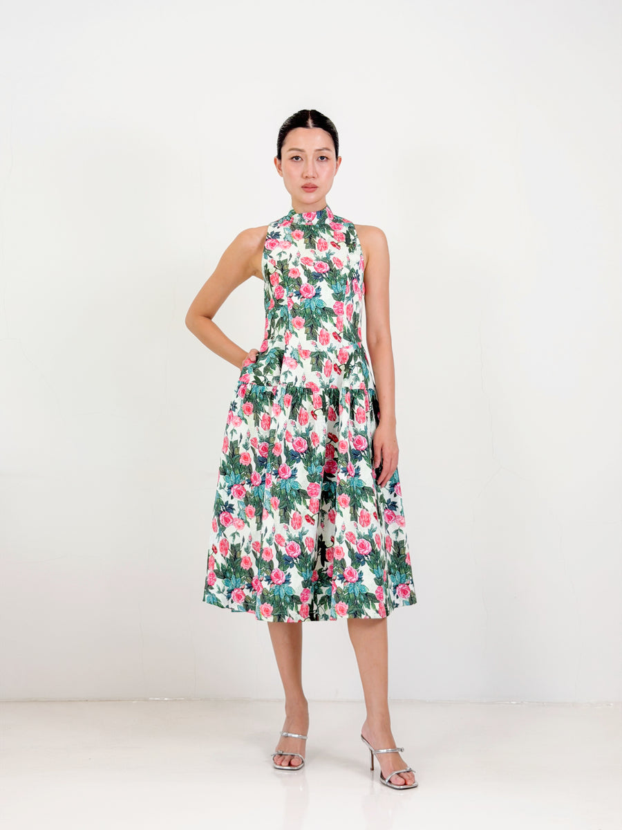 Side Collar Qipao Midi Dress  | Green Floral