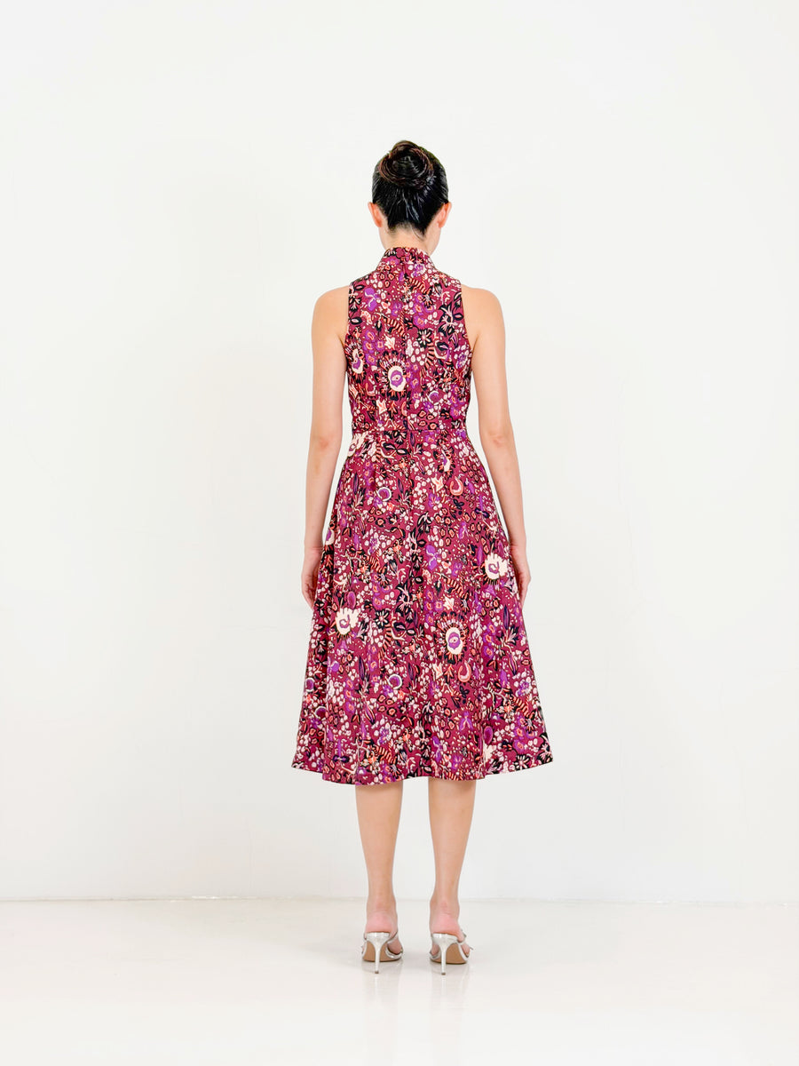 Racer Neck Qipao Midi Dress  | Purple Floral