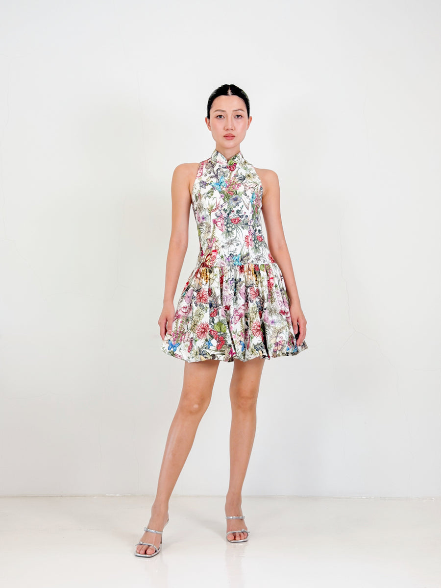 Bubble Qipao Mini Dress  | White Floral