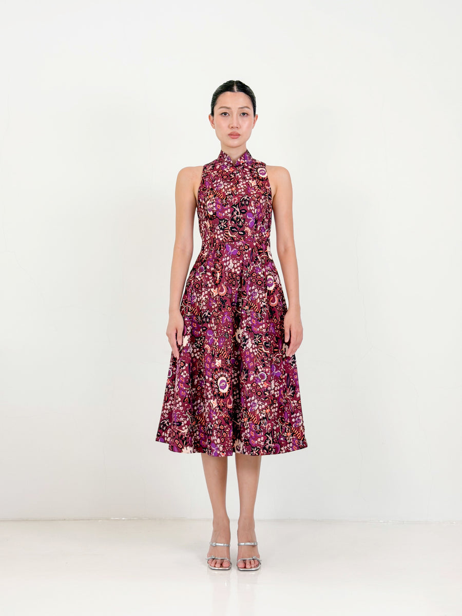 Racer Neck Qipao Midi Dress  | Purple Floral