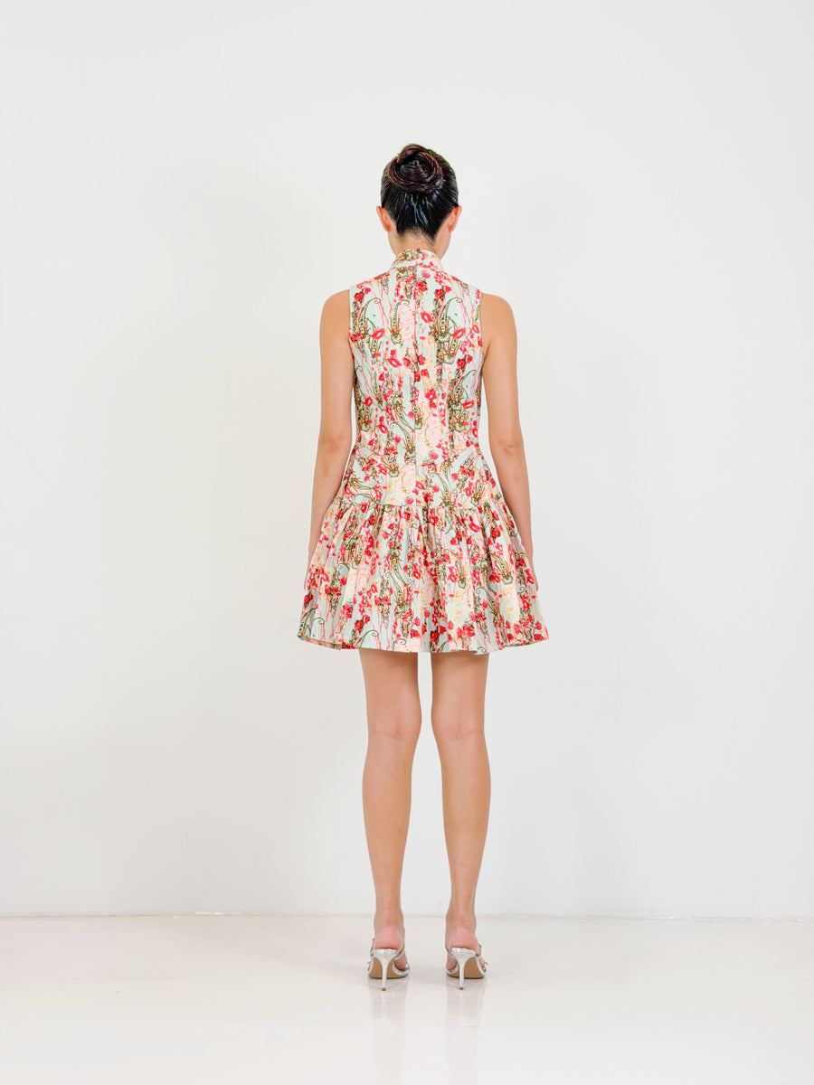 Flared Corset Qipao Mini Dress  | Red Floral