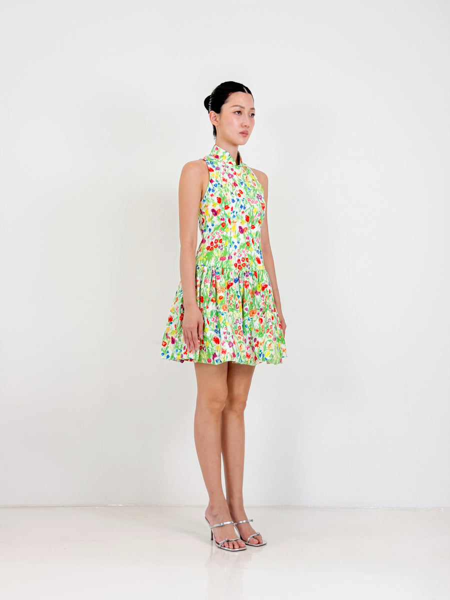 Bubble Qipao Mini Dress  | Yellow Floral