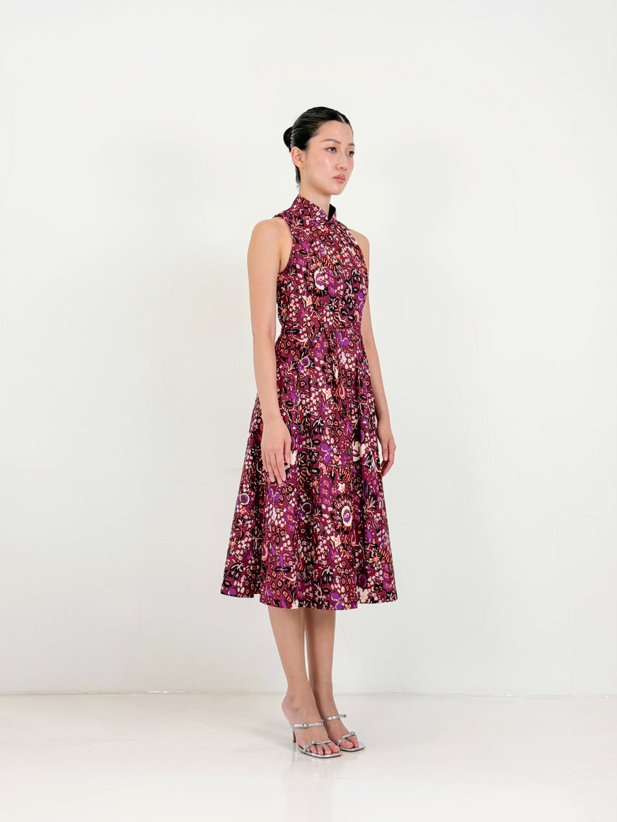Racer Neck Qipao Midi Dress  | Purple Floral