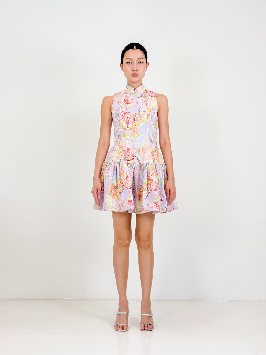 Flared Corset Qipao Mini Dress  | Lilac Floral