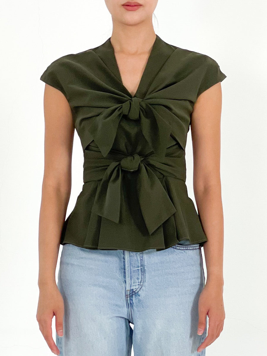 Front Tie Pleated Top  | Army Green