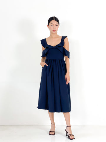 Off Shoulder Ruffled Midi Dress | Navy