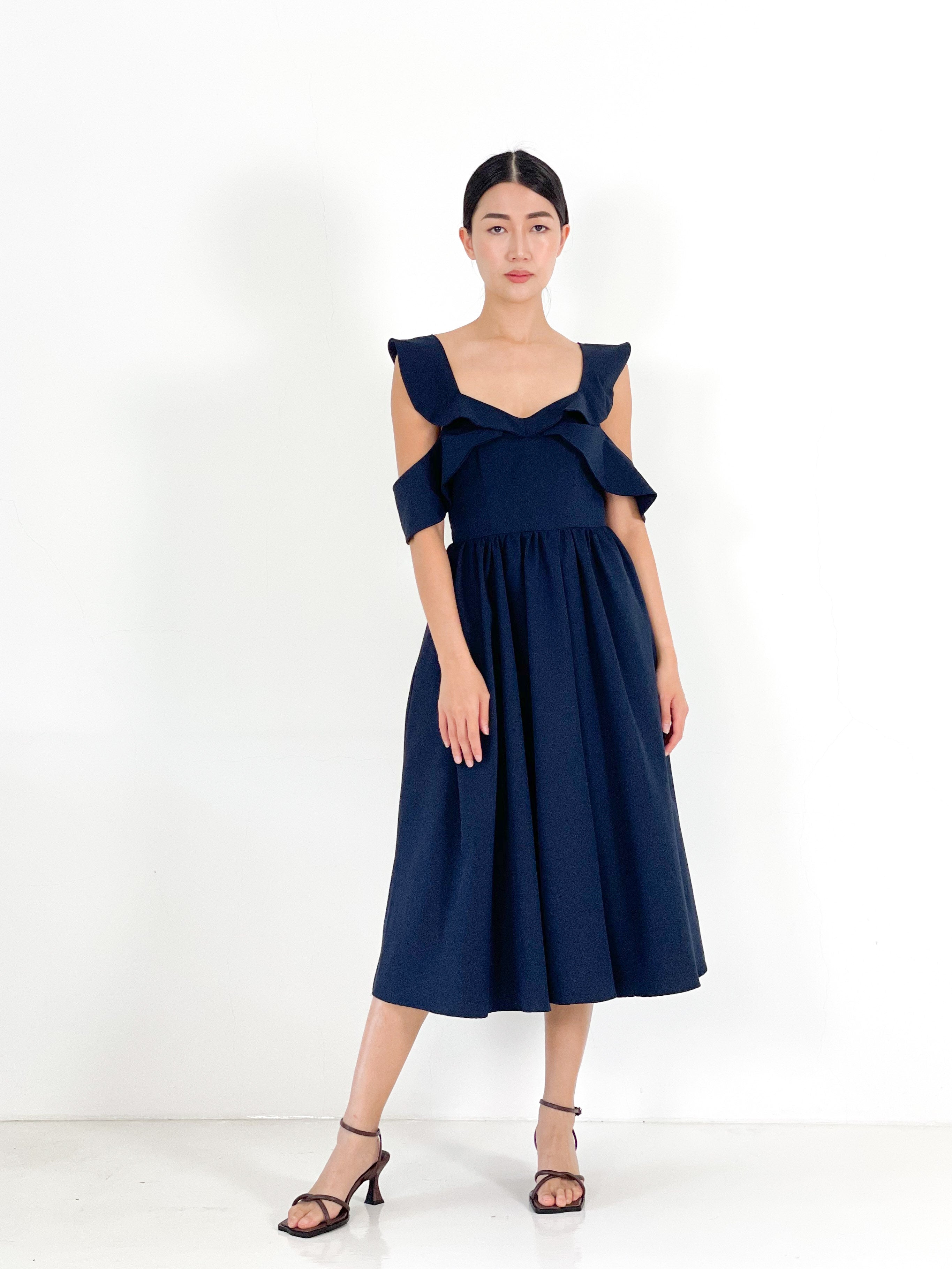 Off Shoulder Ruffled Midi Dress | Navy – Maarimaia