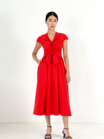 Front Tie Bow Gathered Midi | Red