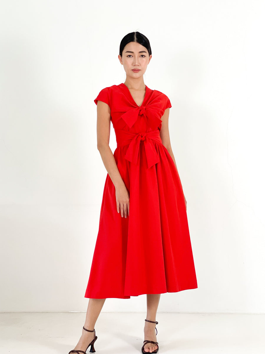 Front Tie Bow Gathered Midi | Red