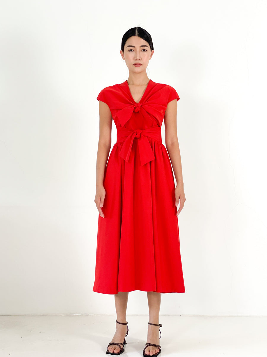 Front Tie Bow Gathered Midi | Red