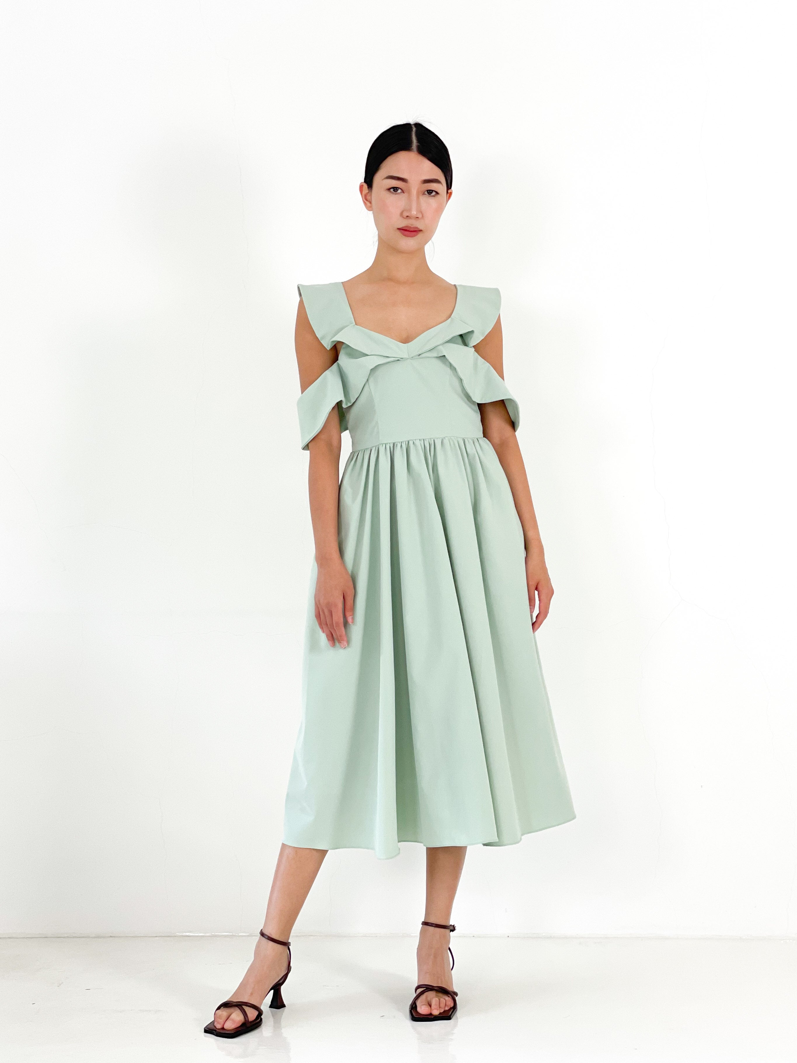 Off Shoulder Ruffled Midi Dress | Sage – Maarimaia