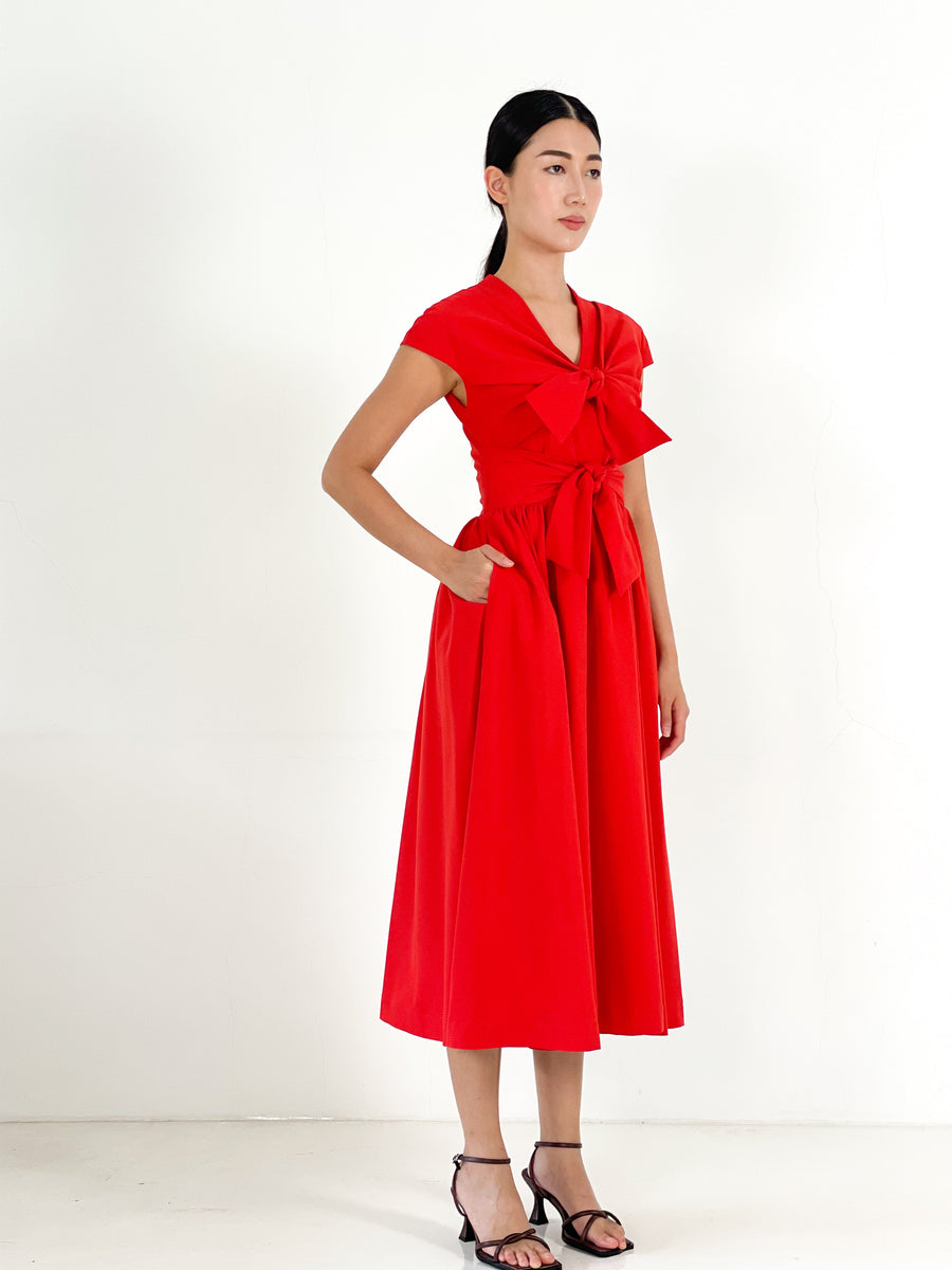 Front Tie Bow Gathered Midi | Red