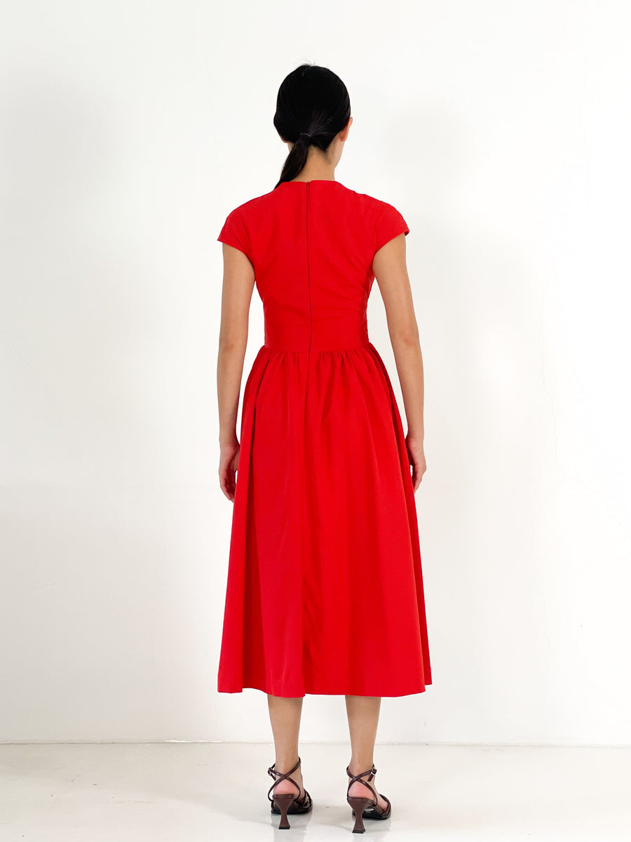 Front Tie Bow Gathered Midi | Red