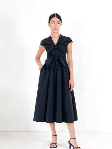 Front Tie Bow Gathered Midi | Black