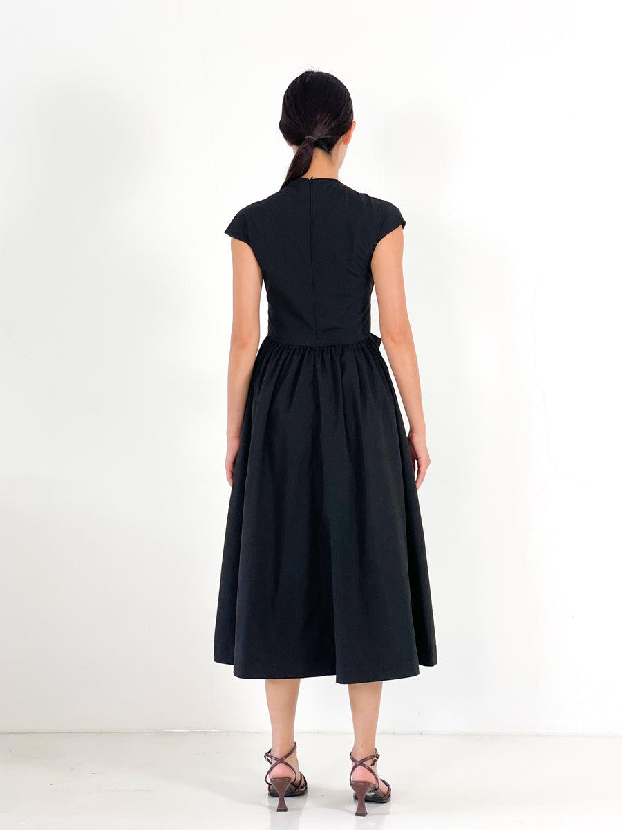 Front Tie Bow Gathered Midi | Black